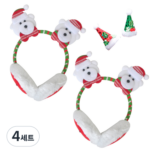 파티쇼 고급 크리스마스 머리띠 귀마개 2p + 산타 고깔 머리핀 2종 세트, 머리띠 귀마개(곰돌이), 머리핀(그린, 레드), 4세트