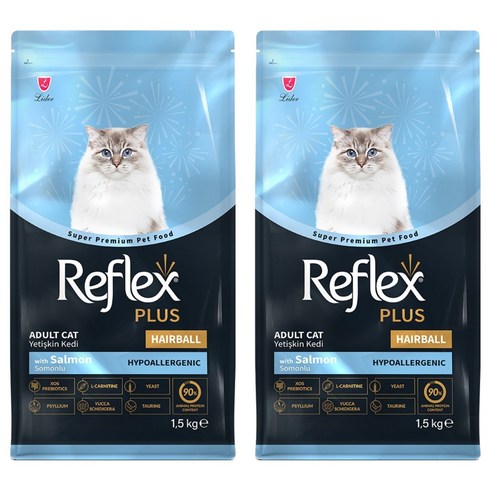 Reflex 어덜트 고양이 플러스 안티헤어볼 건식사료, 연어, 1.5kg, 2개