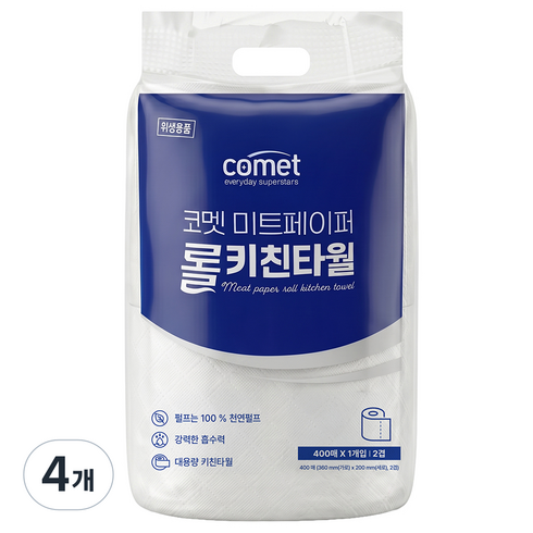 코멧 천연펄프 미트페이퍼 롤 키친타월, 4개, 400매