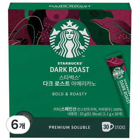 스타벅스 다크 로스트 아메리카노 원두커피믹스, 1.1g, 30개입, 6개