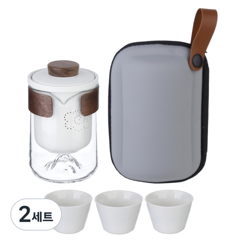 플라라 휴대용 찻잔 + 파우치 세트, 화이트, 2세트, 공도배 + 거름망 + 찻잔 3p + 파우치