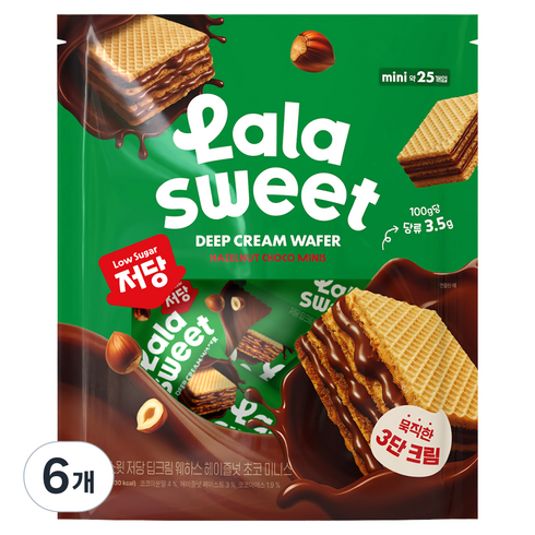 라라스윗 저당 딥크림 웨하스 헤이즐넛 초코 25p, 6개, 200g