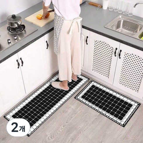 ONLYGOODPRODUCTS 일러스트 러그 주방 발매트 2종 세트, 24흑백격자, 2개