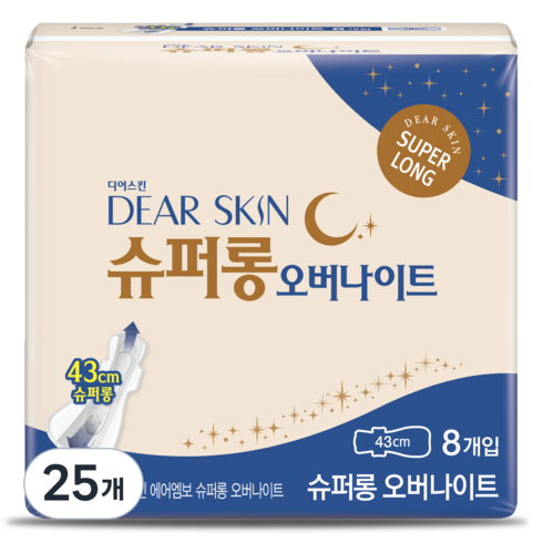 디어스킨 에어엠보 오버나이트 뉴 생리대 날개형, 슈퍼롱, 8개입, 25개