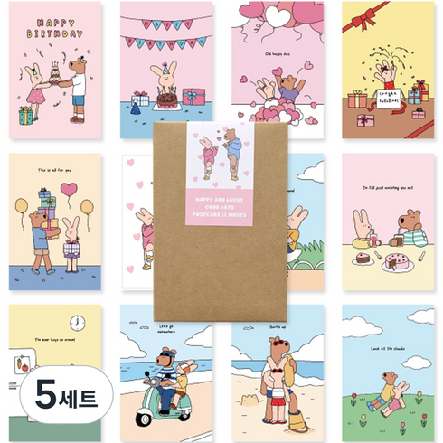 모노라이크 해피앤럭키 굿데이즈 엽서 12종 세트, 혼합색상, 60개