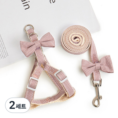 반려동물 요런개 체크 리본 하네스 + 리드줄 세트, 03다크핑크, 2세트