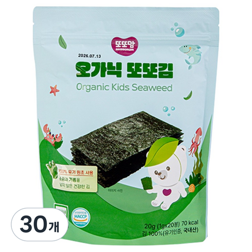 또또맘 유기농 무가미 오가닉 어린이 또또김, 30개, 20g, 김