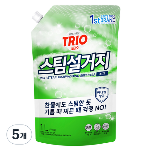 트리오 스팀설거지 주방세제 녹차향, 1L, 5개