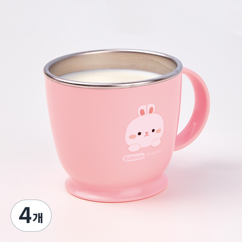 에디슨 프렌즈 논슬립 스텐 한손컵, 토끼 래니 핑크, 4개, 240ml