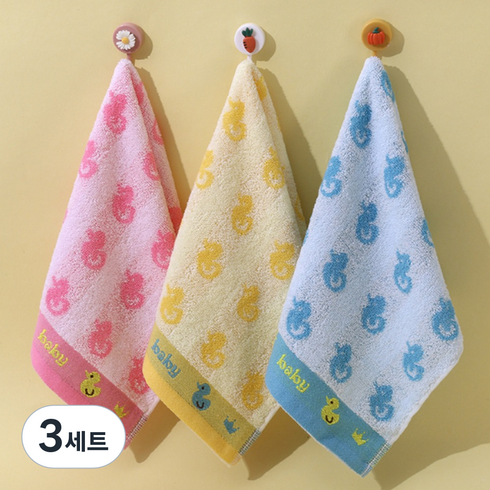 뽀르픽 쁘띠덕 귀여운 핸드타월 3종 세트, 핑크, 옐로우, 블루, 3세트