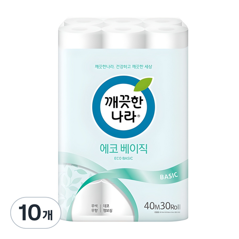 깨끗한나라 에코 베이직 2겹 롤화장지, 40m, 30개입, 10개