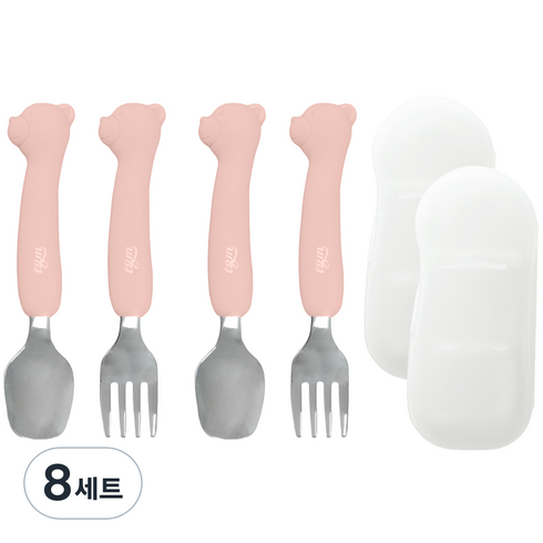 티지엠 국내 제조 실리콘 스테인리스 스푼포크 세트 곰돌이, 코랄핑크, 스푼 + 포크 + 케이스, 8세트