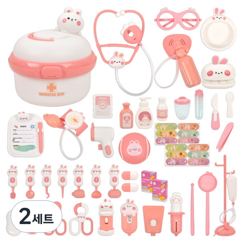오즈토이 메디컬 킷 토끼 소꿉놀이 의사 역할놀이 장난감 세트, 2세트, 분홍색B