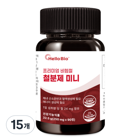헬로바이오 프리미엄 비헴철 철분제 미니, 15개, 90정