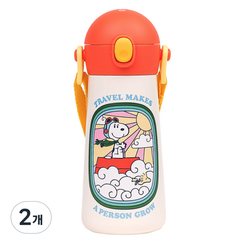 릴팡 유아용 더보틀 원터치 어깨끈 이중 스텐 물통, 스누피, 460ml, 2개