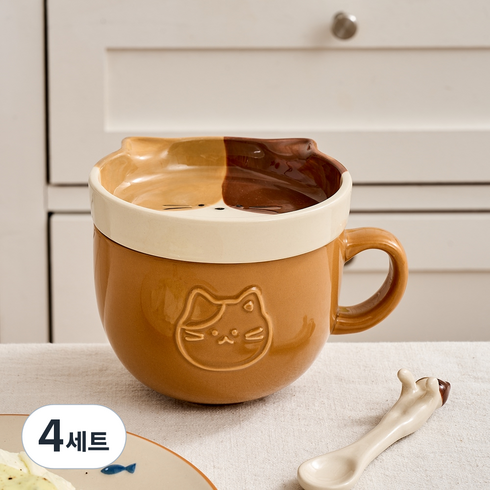 모던하우스 L 우리집뚱냥이 시리얼볼 + 접시 세트, 혼합색상, 4세트
