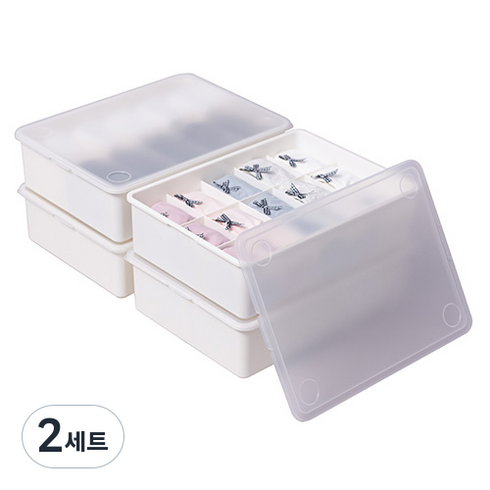 이즈리빙 칸칸칸 속옷정리함 10칸 2p + 15칸 2p 세트, 아이보리 + 반투명 뚜껑, 2세트