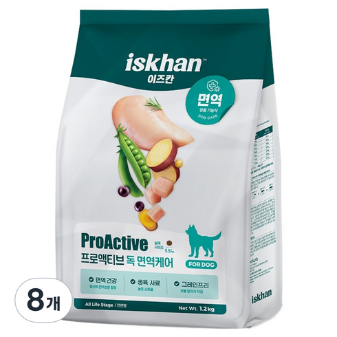이즈칸 강아지 독 프로액티브 면역케어 기능성 사료, 면역/항산화, 1.2kg, 8개