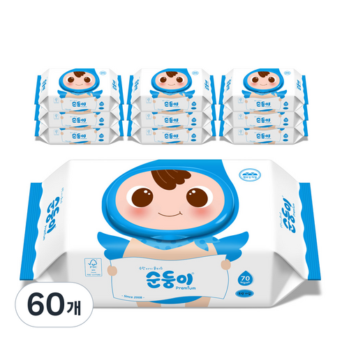 순둥이 프리미엄 엠보싱 유아물티슈 캡형 무향 NC-01, 65g, 70매, 60개