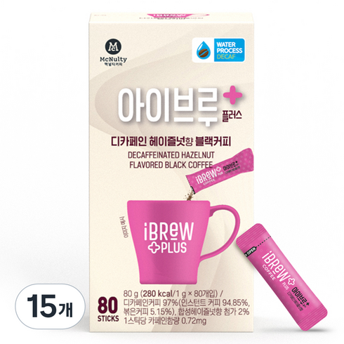 아이브루 플러스 디카페인 헤이즐넛향 블랙커피 원두커피믹스, 1g, 80개입, 15개