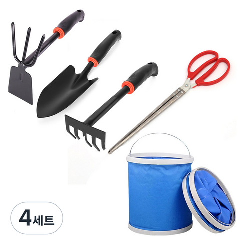 에코벨 해루질 양용호미 + 갈퀴 + 모종삽 + 일자집게 + 접이식 물통 세트, 혼합색상, 4세트