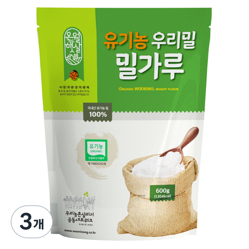 오월햇살 유기농 우리밀 밀가루, 600g, 3개