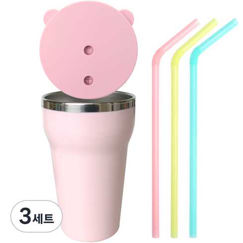 데일리키즈 실리콘뚜껑 + 스텐컵 + 빨대 3p 세트, 핑크, 3세트, 350ml