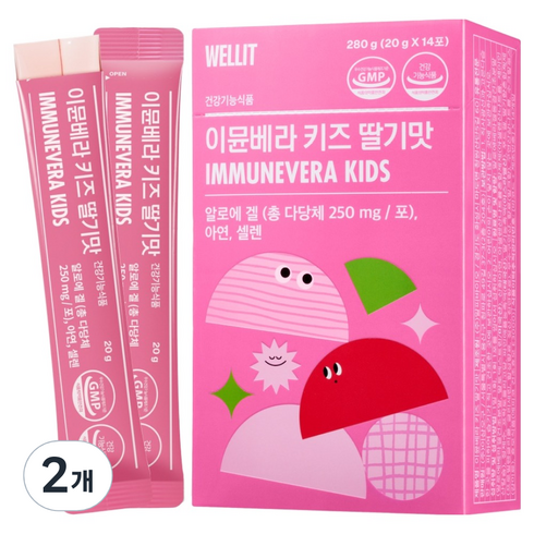 웰릿 정품 이뮨베라 키즈 딸기맛 알로에겔 면역젤리 14p, 280g, 2개