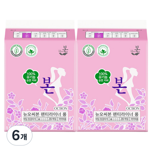 유기농본 유기농 순면 뉴오씨본 팬티라이너, 롱, 6개, 28개입
