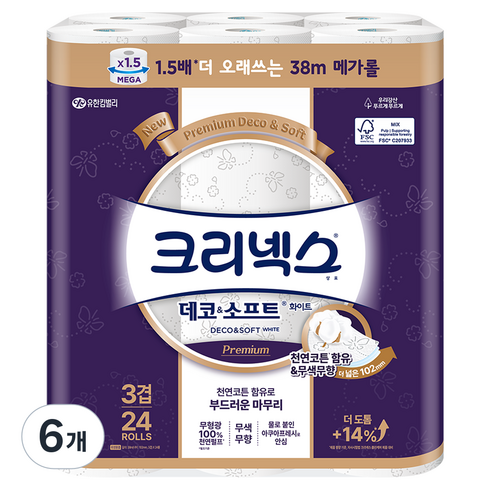 크리넥스 데코 앤 소프트 화장지 3겹, 38m, 24개입, 6개