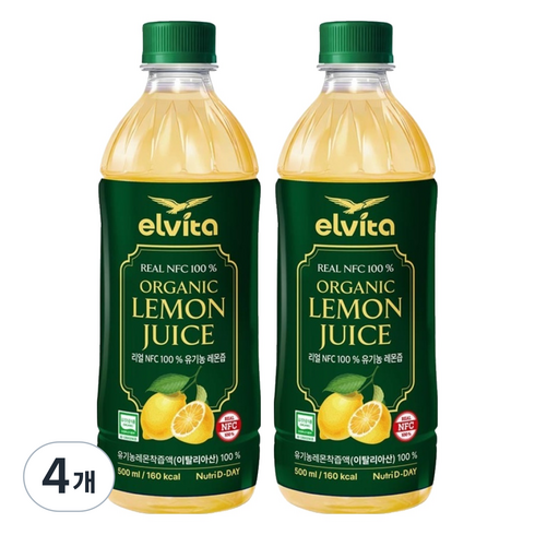뉴트리디데이 엘비타 리얼 NFC 100% 유기농 레몬즙, 500ml, 4개