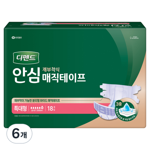 디펜드 남녀공용 안심케어 매직테이프 성인기저귀, 특대형, 18개입, 6개