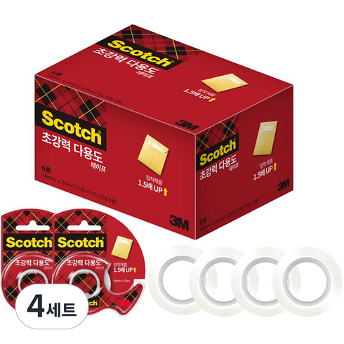 스카치 다용도 테이프 초강력 SH1820D 2개 + SH1220R 4롤 18mm x 20m, 4세트, 투명