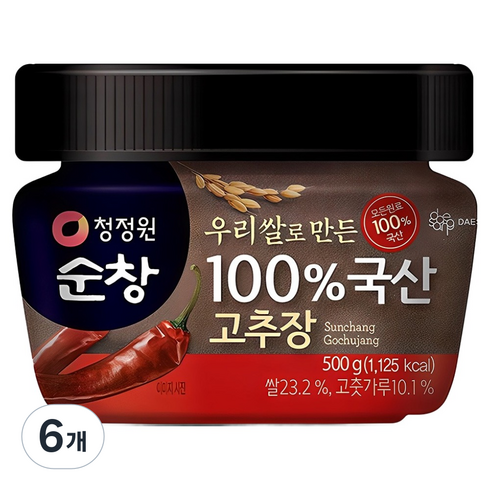 청정원순창 우리쌀로 만든 100% 국산 고추장, 500g, 6개