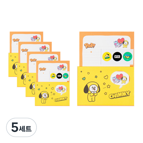 스튜디오에잇 BT21 빼꼼편선지 5p + 스티커 3종 x 3p 세트, 치미, 5세트