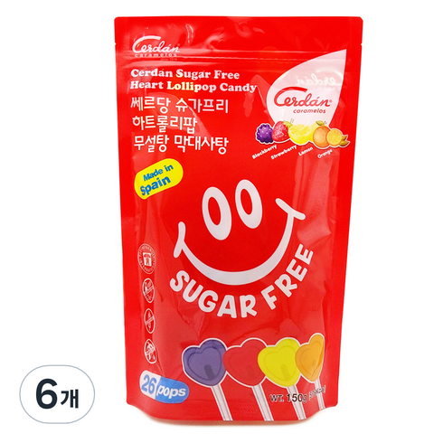 카라멜세르단 쎄르당 슈가프리 무설탕 하트롤리팝 막대사탕, 150g, 6개