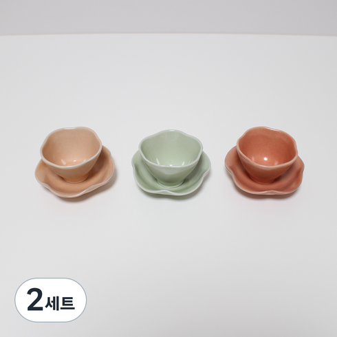달소금 국산 예쁜 도자기 다기 유광 꽃잎 찻잔 3종 세트, 피치, 라이트그린, 코랄, 2세트