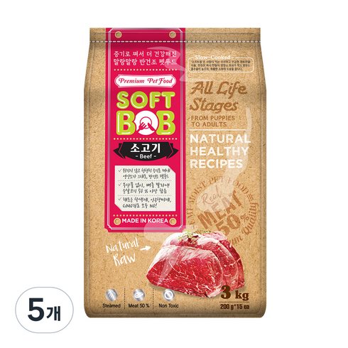 인터펫코리아 전연령 강아지 소프트밥 반건조사료, 소, 3kg, 5개