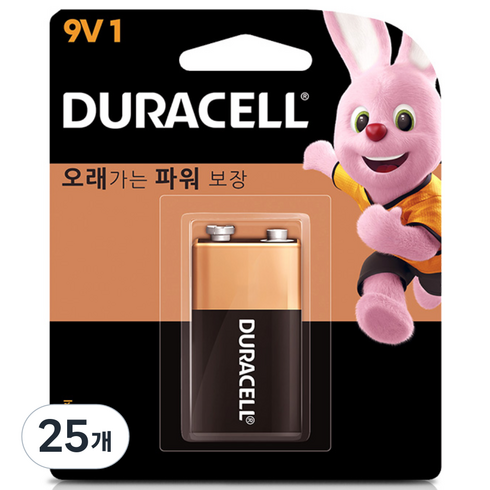 듀라셀 알카라인 건전지 9V, 1개입, 25개