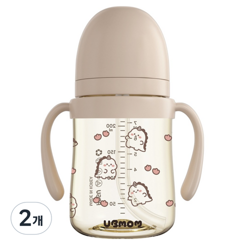 유비맘 유아용 국내 제조 공룡 디자인 PPSU 역류 물샘방지 빨대컵, 200ml, 2개, 브라운(초코)