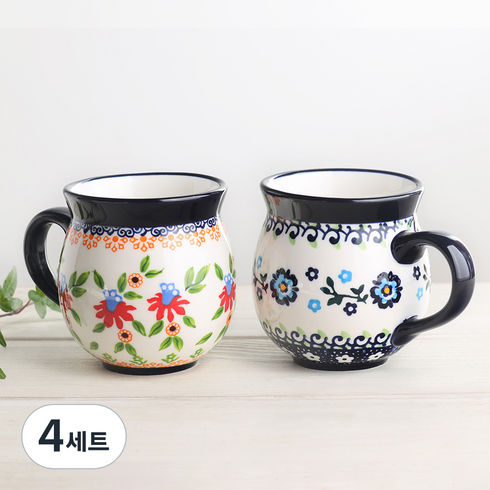 프라카 폴란드풍 도자기 항아리 머그컵 중 350ml 2종 세트, 씨플라워 + 블루벨, 4세트