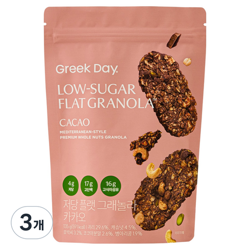 그릭데이 저당 플랫 그래놀라 카카오, 135g, 3개