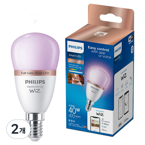 WiZ 필립스 컬러 앰비언스 E14 LED 스마트 전구 4.5W, 2개