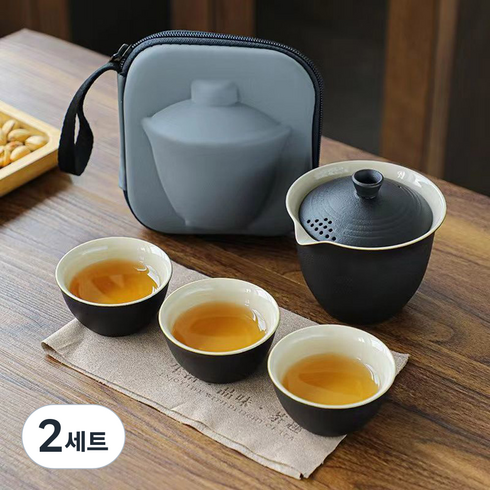 휴대용 다도 세트, 2세트, 주전자 + 잔 3p + 보관파우치, 블랙(다도)