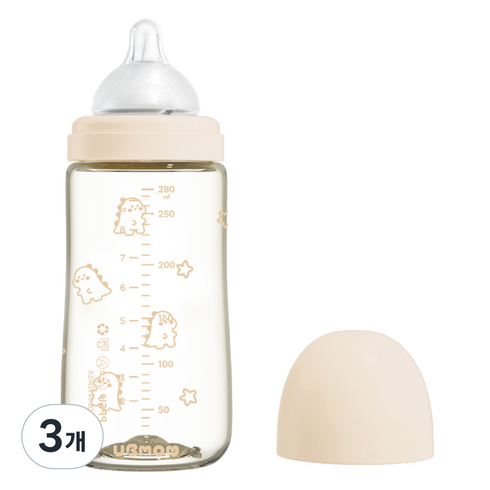 유비맘 시그니처 PPSU 배앓이방지 젖병 + 젖꼭지 세트, 베이지, 280ml, 3개