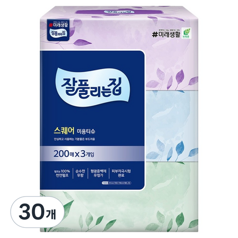 잘풀리는집 스퀘어 천연펄프 미용티슈 2겹, 30개, 200매