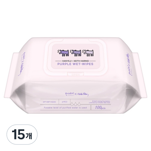 키스해링 한예지 퍼플 물티슈 캡형, 38g, 100매, 15개