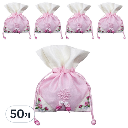 헬씨닷 모서리 자수 포인트 복주머니 10 x 15 cm, 연분홍, 50개