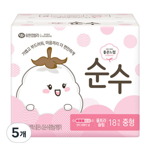 좋은느낌 순수 울트라 슬림 생리대 날개형, 중형, 18개입, 5개