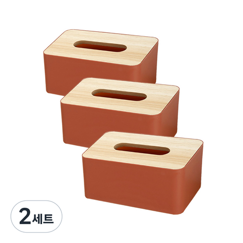 부스마켓 심플 직사각형 우든 티슈 트레이 A타입 3p, 레드, 2세트
